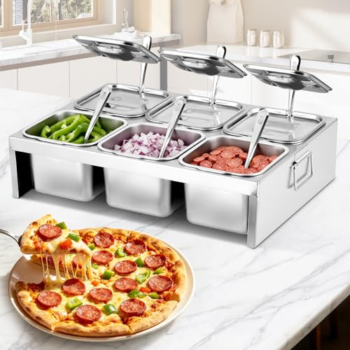 YJINGRUI Pizza Topping Station 12L Pizza Ingredients Station | 6x2L steel containers with lids & scoops. Microwave & fridge safe. Outdoor buffet prep.