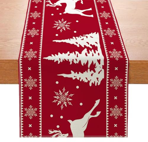 Tischläufer Weihnachten Rot, Weihnachtstischdecke Rentier Weihnachtsbaum Schneeflocken, Tischdeko Weihnachten, Tischdecke Winter Tischband für Esstisch Küche Urlaub Party Deko