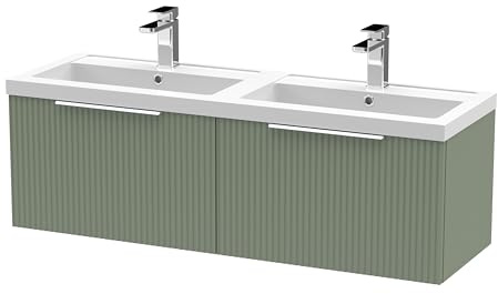 Balterley Vanity Unit with Basin Wall Hung, 2 Drawer Soft Close with 2 Rectangular Sink and Handles, Bathroom Vanity Units with Basin, Fluted Front Sink Cabinet - 1205 x 383 x 399mm (Green)