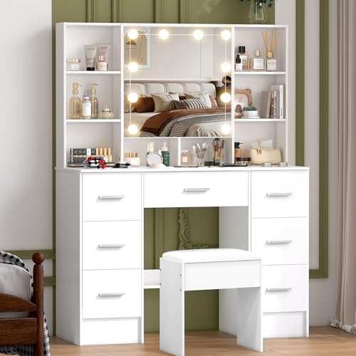 Puselo Sminkbord med belysning och spegel, stort sminkbord med pall - 7 lådor 8 hyllor, modernt sminkbord för sovrum, 100 × 40 × 140 cm