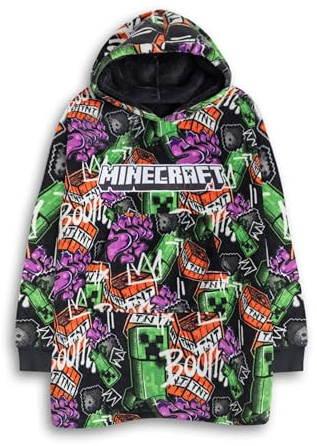 Minecraft Creeper Boys Multicoloured Blanket Hoodie | Cosy Fleece for Lounging & Wearing | Long Sleeve Hooded Design | Gaming Themed Loungewear | Kids Merchandise Merch