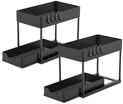 BAHKE 2 Pack Under Sink Storage Organiser – 2 Tier Pull-Out Drawer Shelf with 4 Hooks & 1 Hanging Cup, Multi-Purpose Under Sink Storage Rack for Kitchen, Bathroom & Laundry, Black