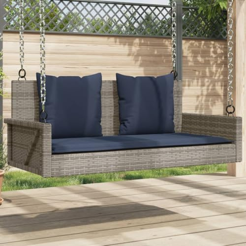 IBUQDDV Schaukelbank mit Kissen Grau 119x56x48 cm Poly Rattan PE Gartenmöbel Hängesitz Schaukelfunktion Befestigungsringe Polyrattan Stahlrahmen