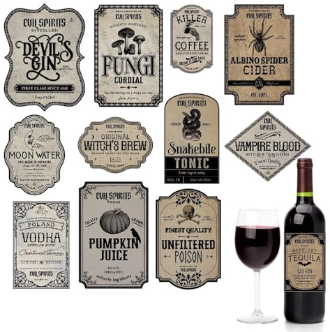 Halloween Wine Bottle Labels - Paper Pack of 12 | Alcohol Bottle Stickers | Festive Wine and Spirit Decorations for Halloween Parties, Home Bars and Holiday Parties