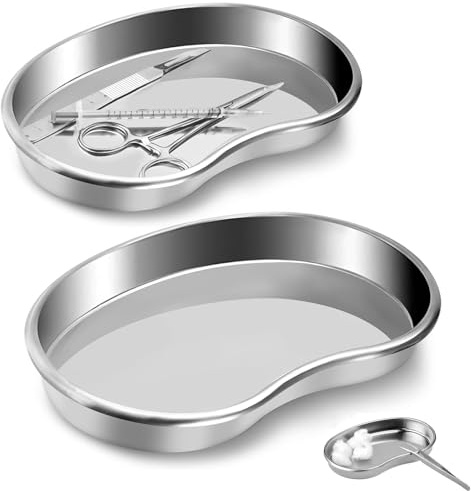 2 Pcs Stainless Steel Kidney Tray - 2 Sizes Metal Sterilised Surgical Tray, Kidney Shaped Small Tray for Dental, Laboratory, Medical, Tattooing