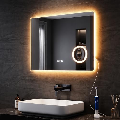 SONNI LED Badspiegel mit Steckdose 80x60 cm, Touchschalter, 3 Einstellbare Lichtfarben, Dimmbar, Beschlagfrei, 3-Fach Vergrößerung, mit Speicherfunktion