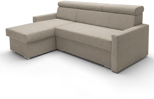 SOFILAND Ecksofa Vega L mit Schlaffunktion & Bettkasten – Breite Individuell Anpassbar bis +20cm – Wall-Hugger Design Wandbündig – Freistehend – Samtstoff Best – Tierfreundlich (Beige) | Null-Wall Design