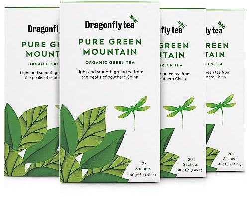 Dragonfly Tea Pure Green Mountain Organic Green Tea Bags, 4 x 20 (80 Teabags), Biodegradable, Plastic Free, Individually Wrapped