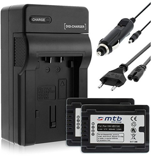 2 Batteries + Chargeur (Auto/Secteur) pour Panasonic VW-VBY100 / HC-V10, V110, V130, V160