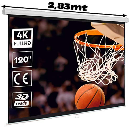 Écran de Projection Manuel 120 pounces Format 16:9 Enroulable Hauteur Réglable Home-Cinéma ou bureautique pour vidéoprojecteur, 264 x 150 cm, Fixation Mur ou Plafond , Carter 283cm Full HD 3D 4K