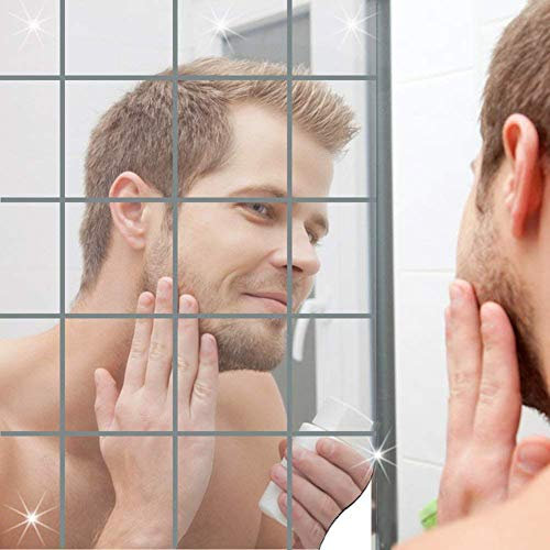 XZPP Wall Mirror Stickers Set, 16 PCS Self-Adhesive Plastic Flexible Square Decorative Mirrors Tile Silver Sticker for Glass Mirror DIY Home Art Room Decor Foil (15 x 15cm, 5.9’’x5.9’’)