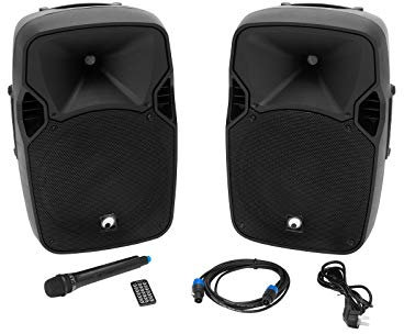 Omnitronic XFM-212AP Aktives Lautsprecherset mit MP3-Audioplayer, Bluetooth, SD, USB inkl. Funkmikrofon, 150 W RMS | Set bestehend aus einer Aktivbox mit integriertem Verstärker und einer Passivbox