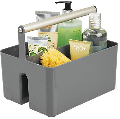mDesign Badezimmer Aufbewahrungsbox – Korb mit Griff zur Kosmetikaufbewahrung – Bad Organizer mit zwei Fächern – dunkelgrau/mattsilberfarben