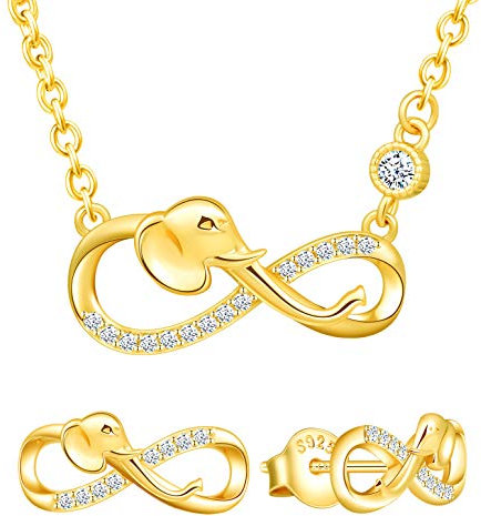 Yumilok Damen Schmuckset Halskette mit Elefant Unendlichkeit Anhänger & Damen Ohrstecker Ohrringe aus 925 Sterling Silber Gold