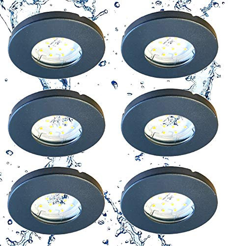 Trango 6er Set 6729IP65-061MOSD IP65 LED Einbaustrahler in Anthrazit matt inkl. 6x 5 Watt 3-Stufen dimmbar 3000K warmweiß Ultra Flach LED Modul Dusche, Bad Einbauleuchte, Deckenstrahler, Deckenlampe