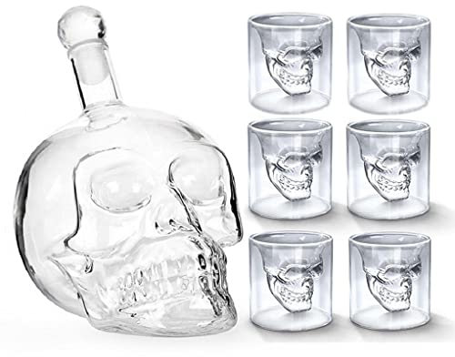 MEETOZ Glass Skull Head Bottle Cup Set, Whiskey Glasses Set Wine Glasses Bar Supplies 1 550ml Wine Decanter and 6 75ml Glasses for Tequila, Vodka, Gin, Rum, Whiskey, Party, Home, Bar