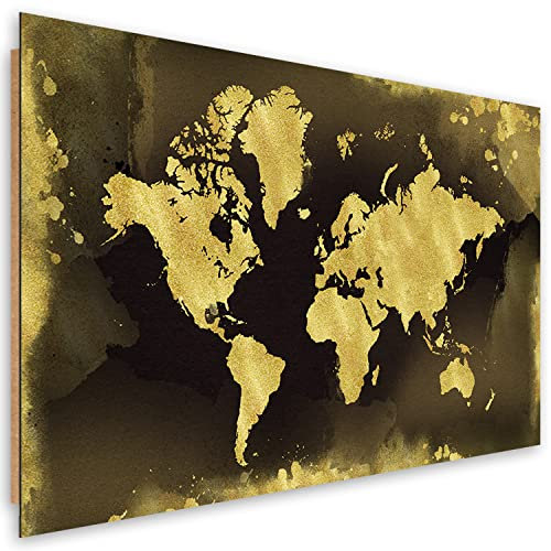 Feeby Deco Panel 120x80 cm Weltkarte Kontinente 1 tlg Modern Bilder Wandbilder Dekopanel Kunstdruck Wand Bild Wohnzimmer Jungezimmer Büro Höhenlinienkarte Abstrakt Gold