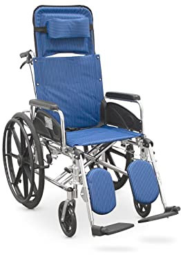 QUIRUMED Aluminiumrollstuhl mit Kopfstütze und hochklappbarer Fußstütze, faltbar, leicht, für Behinderte, für ältere Menschen, Blaue Farbe, abnehmbare Kopfstütze, Überschlagschutz