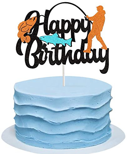 Blumomon 1Pcs Fish Cake Topper Gone Fishing Cake Decoration Fishermen Bait Angling Boat Themed Happy Birthday Cake Decoration for Girl Boy Kids Children Birthday Party Supplies