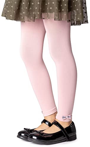 NOQ Schlichte fußlose Strumpfhose für Mädchen blickdichte Leggings mit Schleifen Mikrofaser unter dem Rock Tunika Hose Schule Gymnastik Tanz, Powder Pink 4/5 Jahre (104/110 cm)