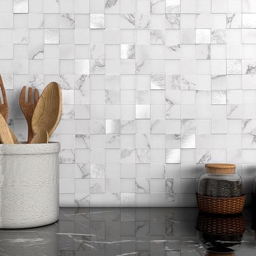 VAOVI Square Mosaic Stick on Wall Tiles Marble Splashback Self Adhesive Panels for Kitchen Bathroom(White Silver,5sheets)