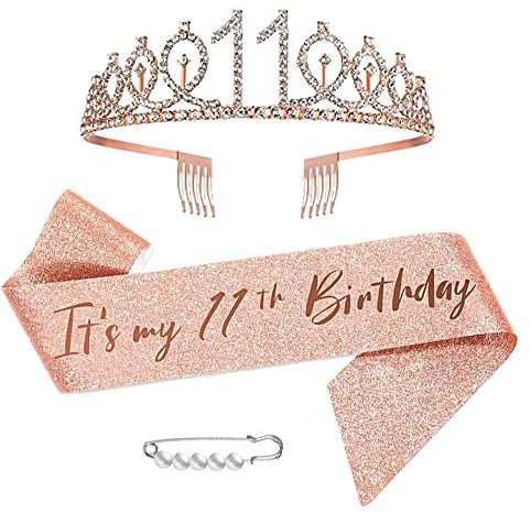 11. Geburtstag Schärpe Und Tiara, Krone 11 Roségold Kristall Geburtstagkrone Set,Rose Gold Geburtstagskrone Schärpe Deko Birthday Crown für Mädchen Frauen Birthday Party Accessoires