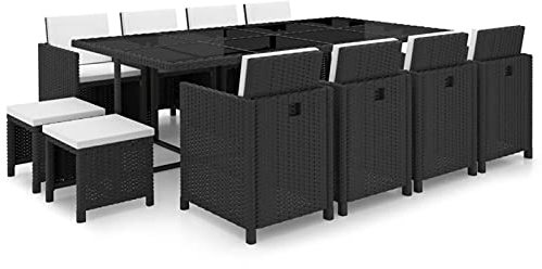Gecheer 13-TLG. Garten Essgruppe 8 Personen, Sitzgruppe 8+1, Tisch mit Glas-Tischplatte & Stühle mit Kissen, 4 Hocker, Wetterfest Gartenmöbel Set Poly Rattan Schwarz