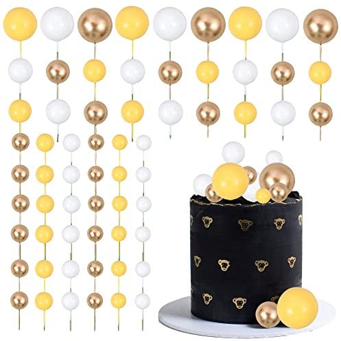 Gyufise 30Pcs Balls Cake Topper Mini Balloons Cupcake Topper DIY Cake Insert Topper Foam Cake Balls Baking Decoration for Wedding Anniversary Valentines Day Birthday Party Yellow Gold White