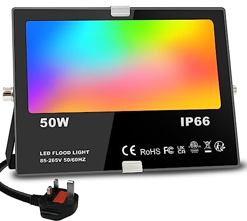 Flood Lights Outdoor With Alexa, Smart LED Floodlight Colour Changing 500W Equivalent 5000LM, Bluetooth APP Control, Warm White+1600 Million RGB Colours,No WiFi No Hub,IP66 Waterproof UK 3-Plug,1 Pack