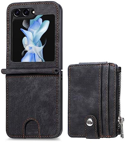 TINGYR Coque pour Samsung Galaxy Z Flip 5, Protection Hybride PC et Cuir, Porte-Cartes + Support Porte-Monnaie Zippé Deux en Un, Anti-Chute Étui Housse pour Samsung Galaxy Z Flip 5.Noir