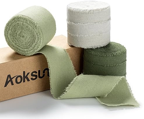 AOKSUNOVA Schleifenband Hochzeit Geschenkband 3,8cm Baumwolle Stoffband Fransenband Grün + Grau Baumwollband