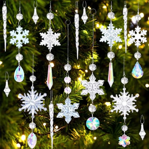 16 Stück Acryl Schneeflocken Christbaumschmuck,Acryl Eiszapfen Schneeflocke Eistropfen Anhänger,Weihnachtsbaum Kristall Dekorationen für Weihnachten Party Hochzeit Dekoration Transparent