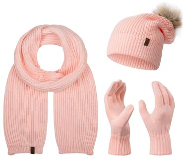 Rock Creek Winter Mütze mit Bommel Schal Set Geschenkset Wintermütze Winterschal Winterhandschuhe Herrenmütze Damenmütze U-103 Rosa Einheitsgröße
