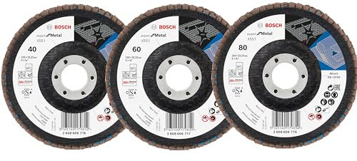 Bosch Set di 3 dischi abrasivi professionali X551 Export for Metal (per acciaio, ghisa, lamiera d'acciaio, angolati, Ø 125 mm, grana 40/60/80, accessori smerigliatrice angolare)