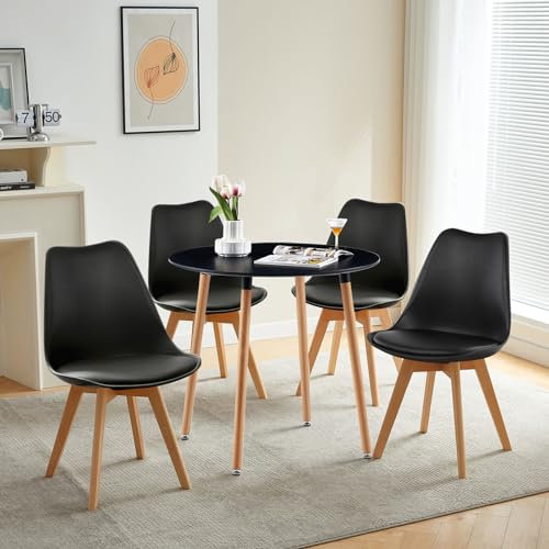 LafeuR Esstisch mit 4 Stühlen Essgruppen, Esszimmergruppe Küchentisch-Set für 4 Personen Sitzgruppe für Wohnzimmer Küche Büro(Runder Schwarz Tisch + 4 Buche Schwarz Stühl)