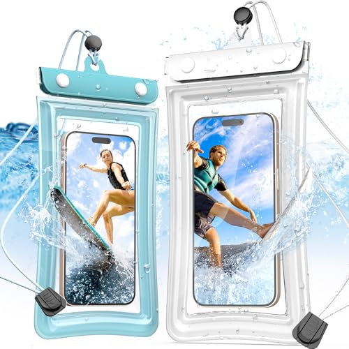 R-fun wasserdichte Handyhülle 2 Stück,7 Inch IPX8 wasserdichte Handyhülle,Wasserfeste Handytasche für iPhone 15/14/13/12/11 Pro Max/SE/Samsung Huawei Xiaomi,für Strandreisen,Blau Weiß