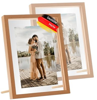 RAHMENWERK® 2er Set Doppelglas Bilderrahmen für Fotos 10x15 cm | 9x13 Holz Buche | Schwebend | Natur Holzbilderrahmen | Fotorahmen Picture Frame | Vintage | Collage