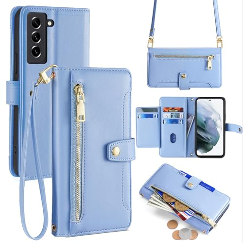 betterfon Handykette kompatibel mit Samsung Galaxy S21 FE | Leder Handyhülle mit Kartenfächern | Handyhülle zum Umhängen | Hellblau