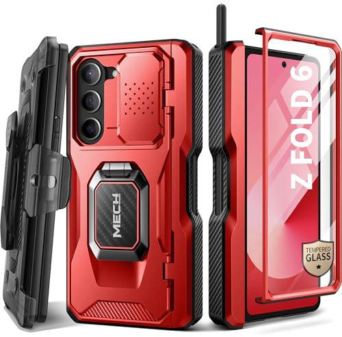 TONGATE Hülle für Galaxy Z Fold 6 mit Ring Ständer, Built-in S Pen Halter & Glas-Bildschirmschutz Stoßfeste, robuste Z6 HandyHülle mit Kameraabdeckung und Gürtelclip für Z Fold 6 2024 (Rot)