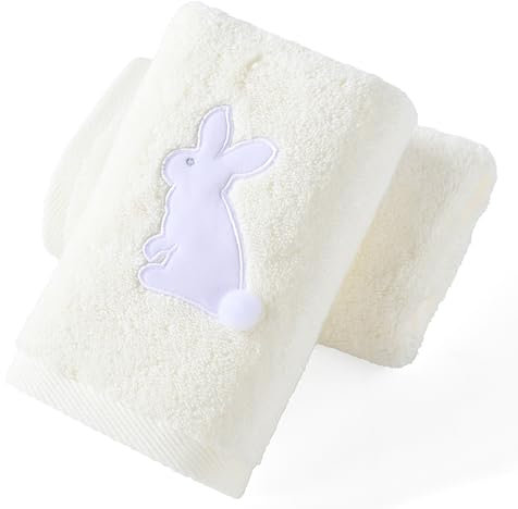 YiLUOMO Handtücher, 100 % Baumwolle, Beige, 2 Stück, Kaninchen mit Haarballschwanz-Design, weich, saugfähig, dekoratives Handtuch für Badezimmer, 33 x 73 cm