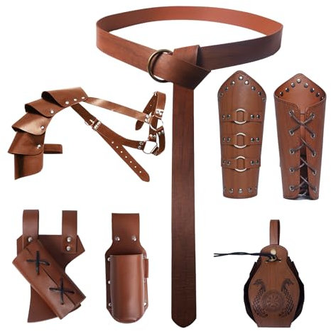 Halloween Mittelalter GüRtel Anzug, Wikinger Kleidung ZubehöR, Mittelalter Ritter Zubehör, Kostüm Zubehör 6 Set für Cosplay, Zauberer, Maskerade, Halloween (Braun)