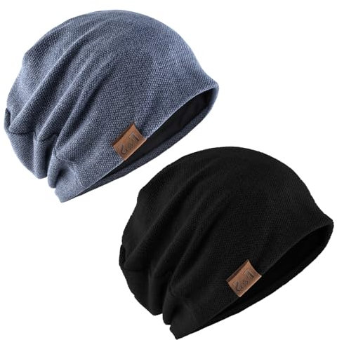 Shengxi 2 Stück Beanie Slouch Weich Baumwolle Chemo Mütze Unisex Leicht Skull Cap Flexibler Slouch Hat für Winter（Schwarz Blau）