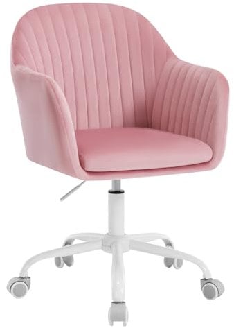WOLTU Schreibtischstuhl, Bürostuhl ergonomisch, Homeoffice Stuhl höhenverstellbar, Schminkstuhl mit Armlehnen, Drehstuhl mit Rrollen, Samt Stuhl Metallrahmen, 150 kg belastbar, Rosa, BS166rs