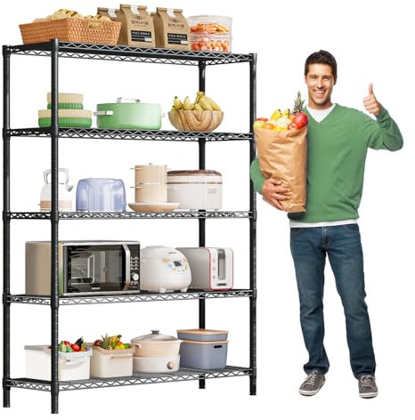 KZOBYD Lagereinheit mit 5 höhenverstellbaren Regalböden, 500 kg belastbar, Standregal aus Metall, 5 Ablage Schwerlastregal, Metallregal Küchenregal Garagenregal Lagerregal (Schwarz, 115 x 45 x 180 cm)