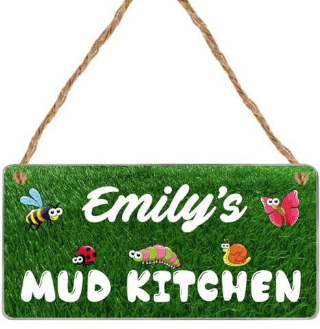 Personalised Kids Mud Kitchen Sign – Custom Name Plaque for Outdoor Play – Acrylic Wall Décor for Garden, Playroom, or Outdoor Mud Kitchen. (Grass with Bugs)