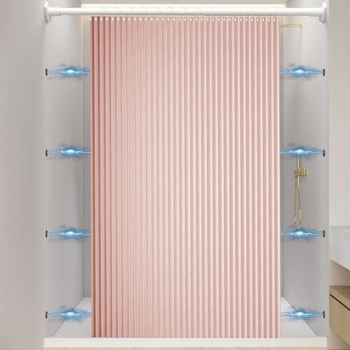 Momooda Rideau de Douche Pliable Aimantée avec Crochets, Rideau de Douche Imperméable Anti Moisissure, Rideau de Douche Lin pour Salle de Bain, Rose, 80x180cm
