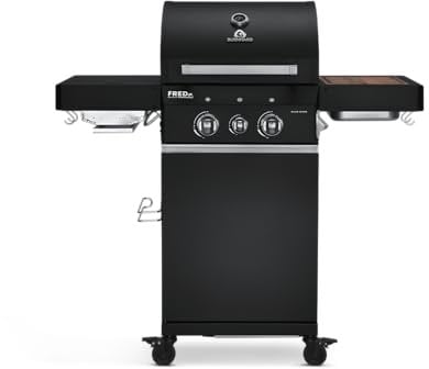 BURNHARD 2-Brenner Gasgrill FRED Jr. Deluxe BLACK Series 3 inkl. 900°C Infrarot-Keramikbrenner, Edelstahl-Grillrost, Grillabdeckung, Grillwagen + klappbare Seitentische