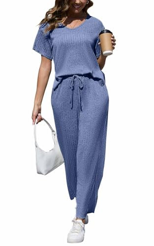 CheChury Zweiteiler Damen Lounge Set Rundhals Einfarbig Loungewear Gerippt Shirt Top Jogginghose Sets Kurzarm mit Hose 2-Teiliges Hausanzug Jogginganzug Sporthose Sleepwear Freizeit Outfit