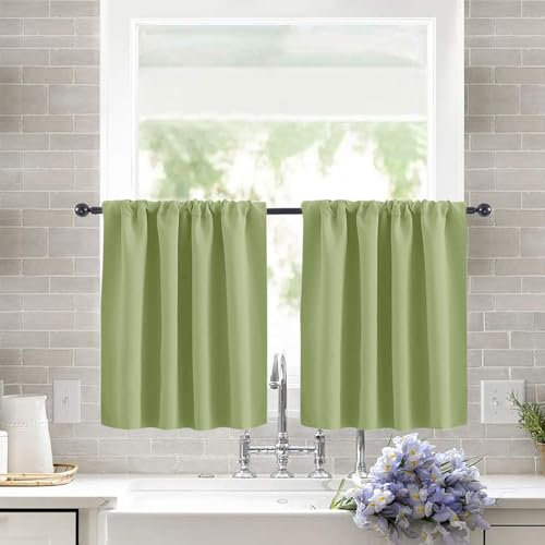 KnSam Grün Vorhänge, Stufen, Café-Vorhänge, Kurze Fenstervorhänge, wasserabweisend, kleine Vorhänge für Wohnzimmer/Küche/Café, 90 cm B x 45 cm L, Grün, 2er-Set