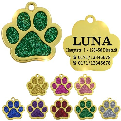 Ibera gifts - Hundemarke mit Gravur und personalisierte Hundemarke in Pfotenform, perfekt für kleine bis mittelgroße Haustiere (Gold/Grün)